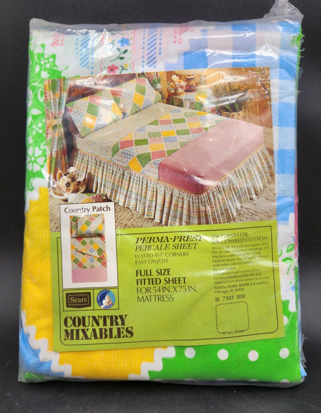Vintage Sears Full FitteSheet Country Patch Mixables Pink Blue Green NOS Cottage