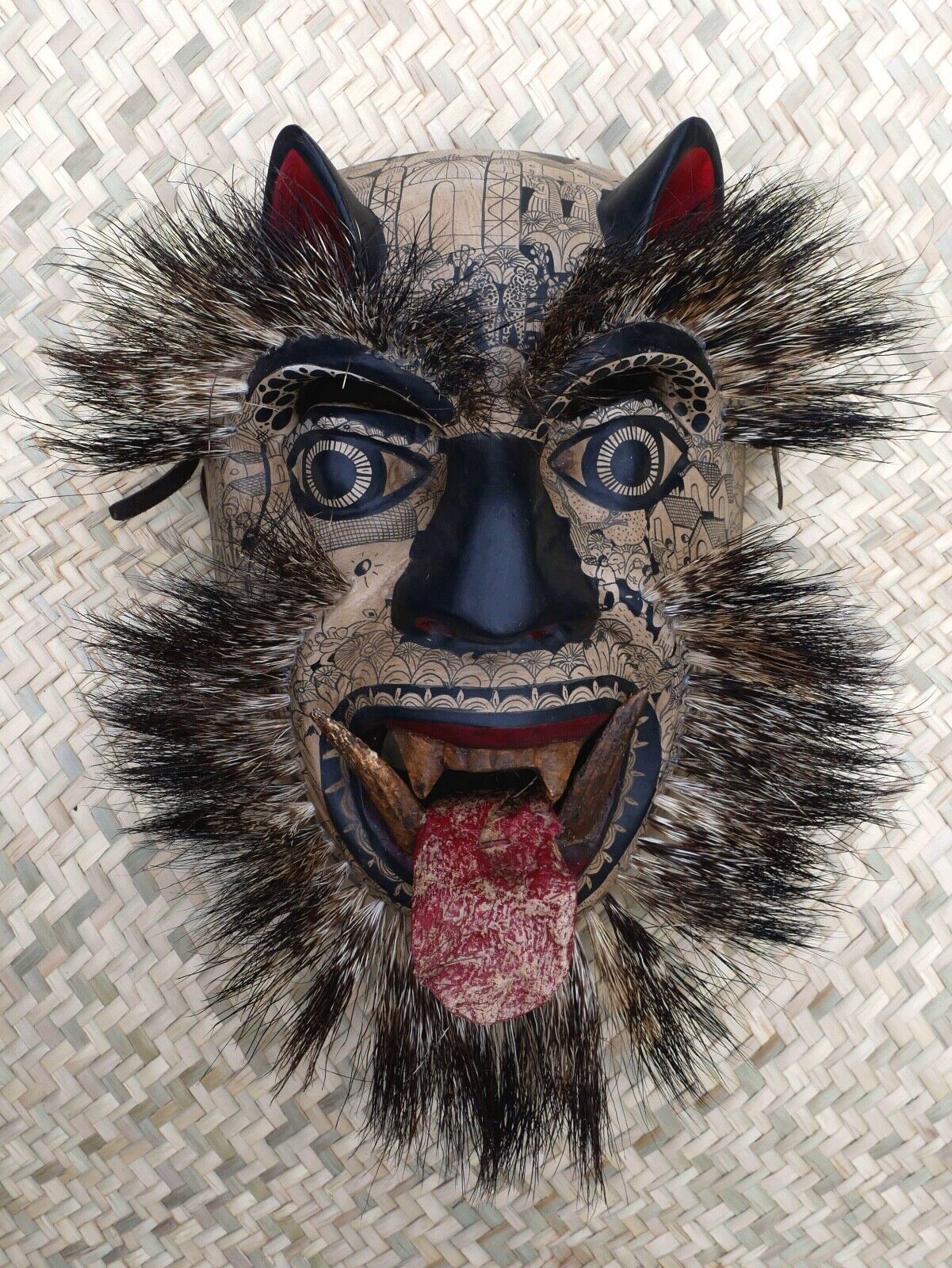 Devil Demon Wood Mask Tusks Hair Brows & Beard Handmade Guerrero Mexico Folk Art