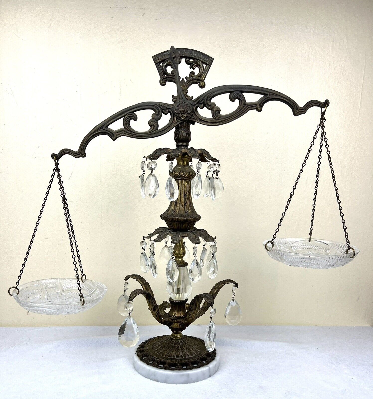 Vintage Victorian Scales Of Justice Ornate Brass Marble Crystals Italy 20.5”