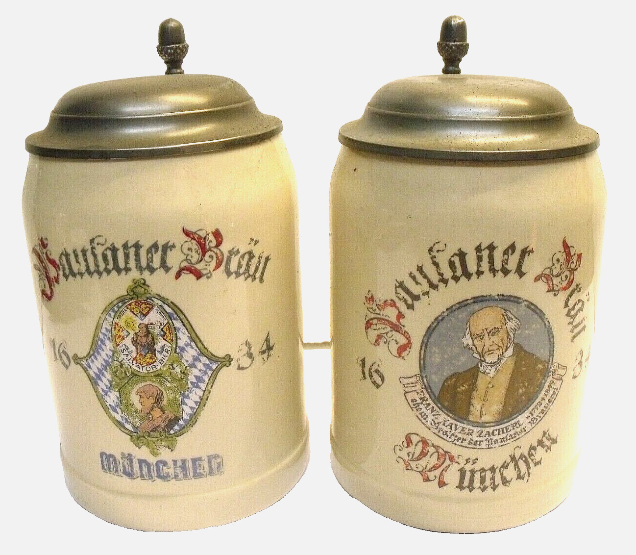 2 Paulaner Brau Munich Xaver Zacherl & Salvator Bier lidded German Beer Steins