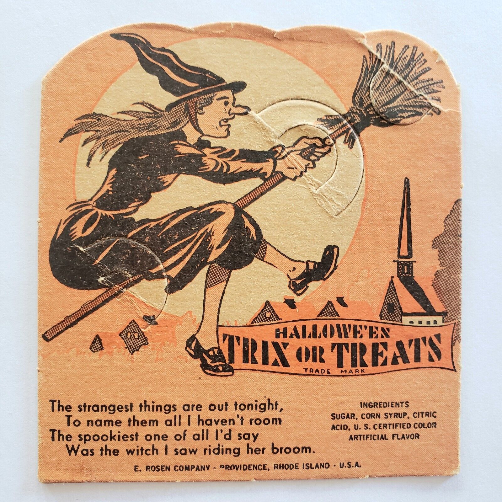 Vintage Halloween Sucker Card Broomed Witch By E Rosen Company 1948-1950's