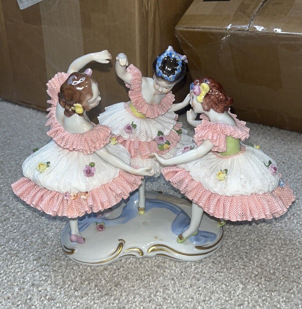 Antique Volkstedt German Porcelain Dresden Lace Three Ballerinas Vintage