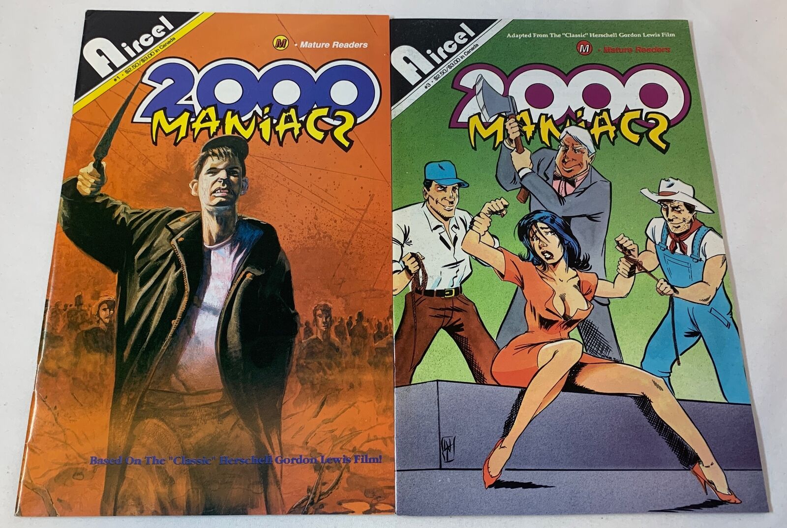 Herschell Gordon Lewis 2000 MANIACS horror movie comics #1 and 3 ~ mid-grade
