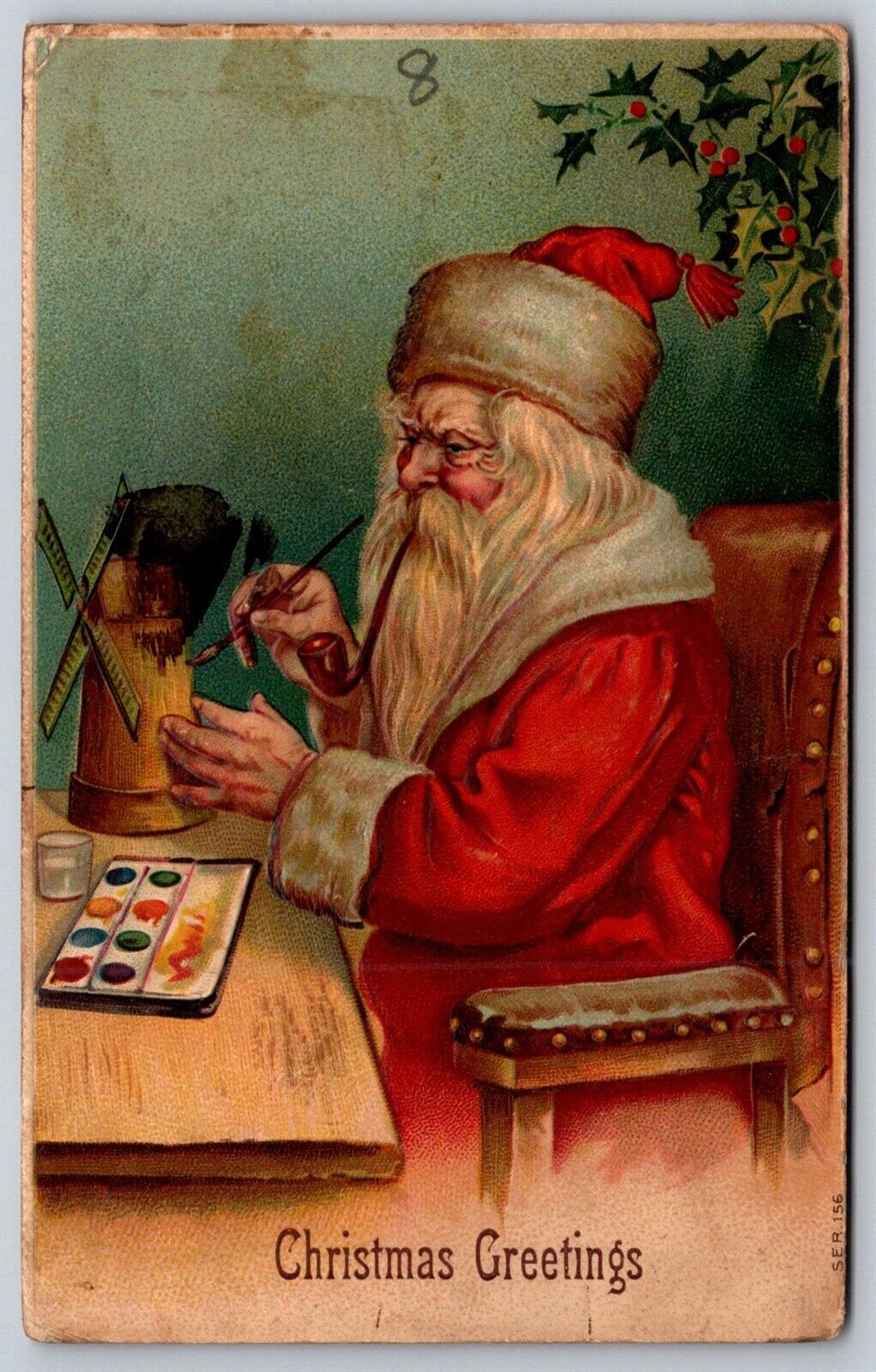 Christmas Greetings Santa Claus Workshop Windmill Toy Embossed DB Postcard 
