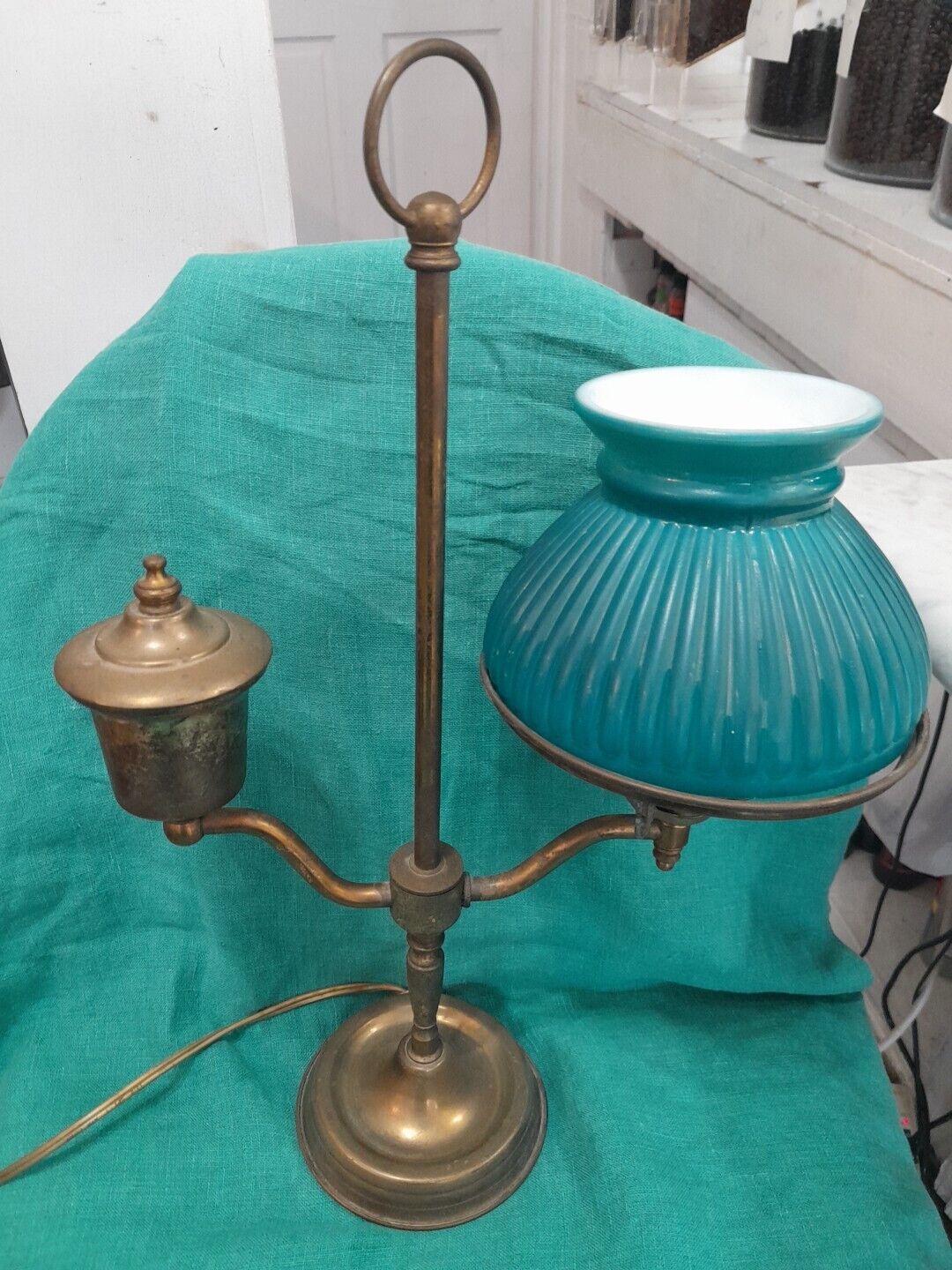 Brass Antique Student Lamp Gree Glass Shade Tested And Works