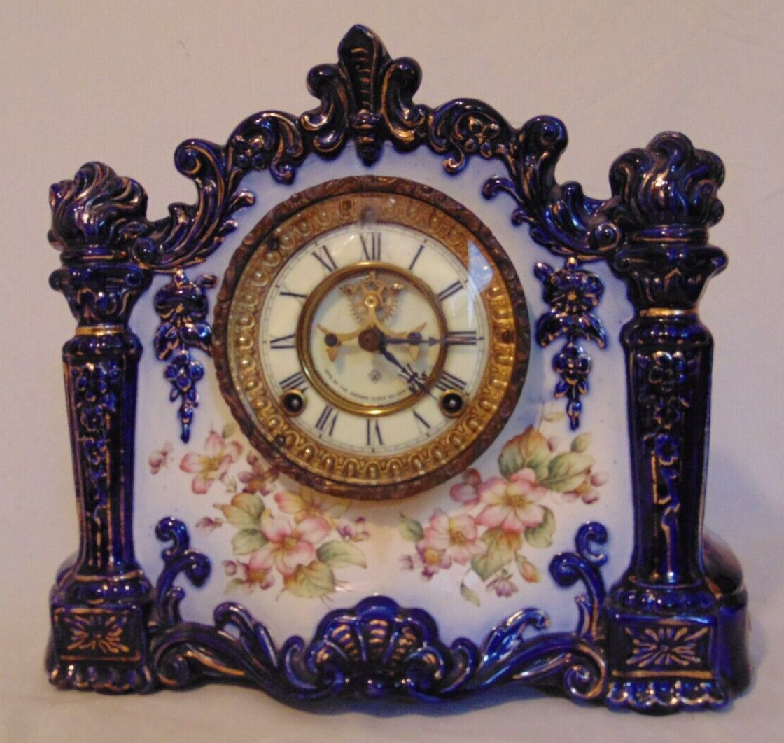 Antique Ansonia Porcelain Cobalt Blue Mantle Clock Register  Open Escapement