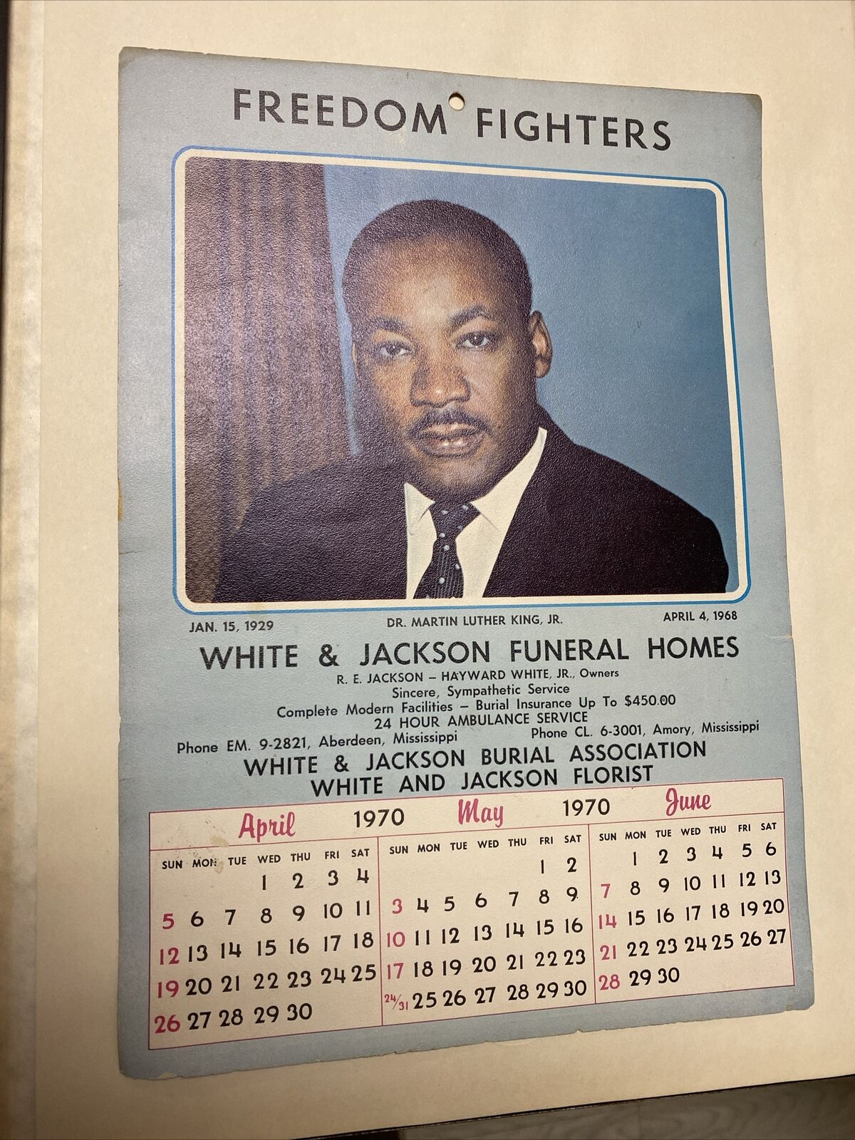 VTG African American Black Funeral Home Calendar MLK Freedom Fighters Mississipp