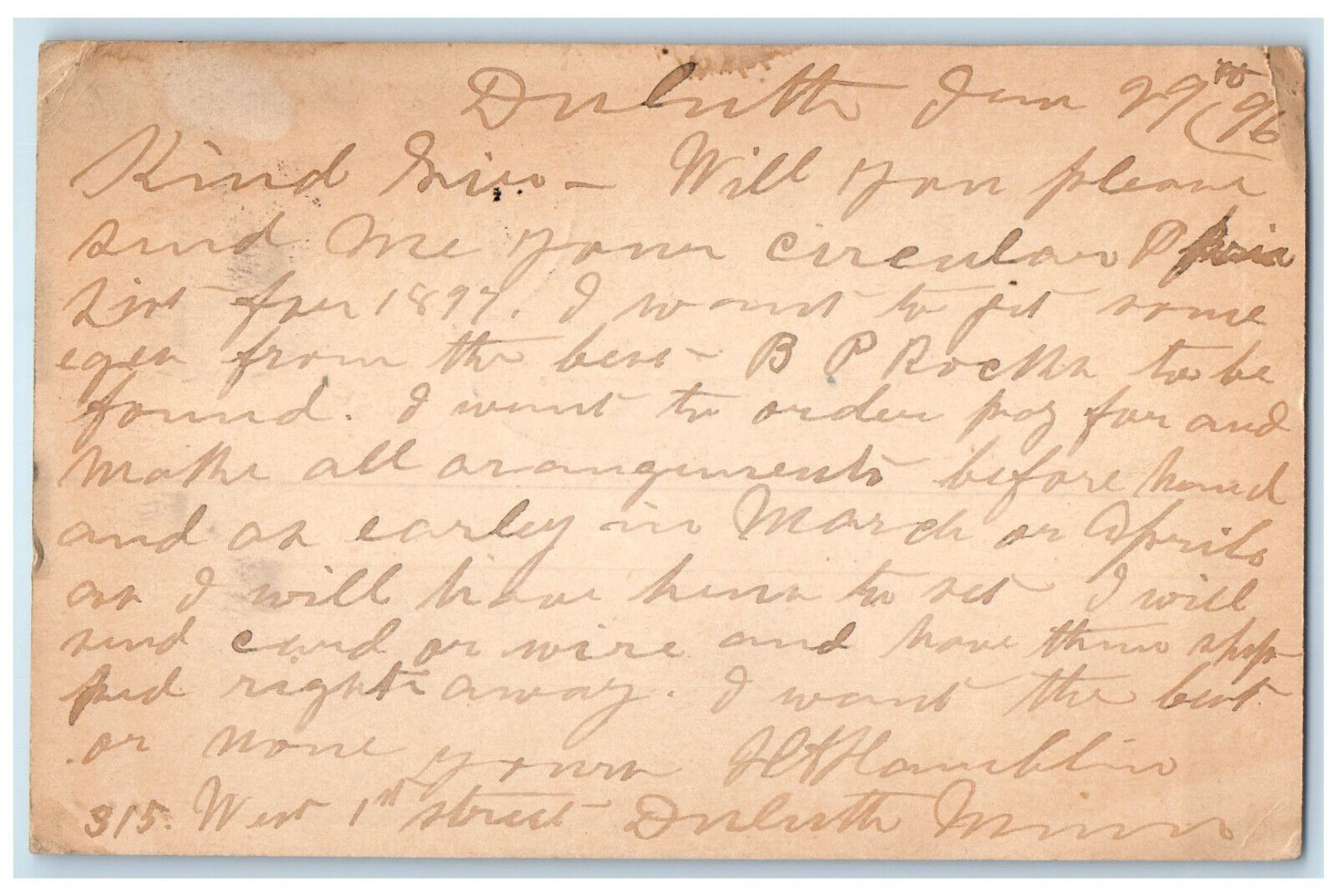 1897 West Duluth Minnesota MN Lancaster Massachusetts MA Posted Postal Card