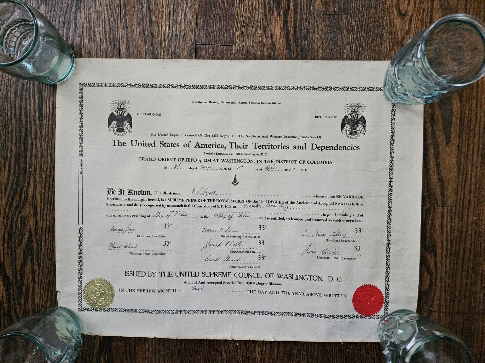 1967 Masonic Temple Charter Certificate