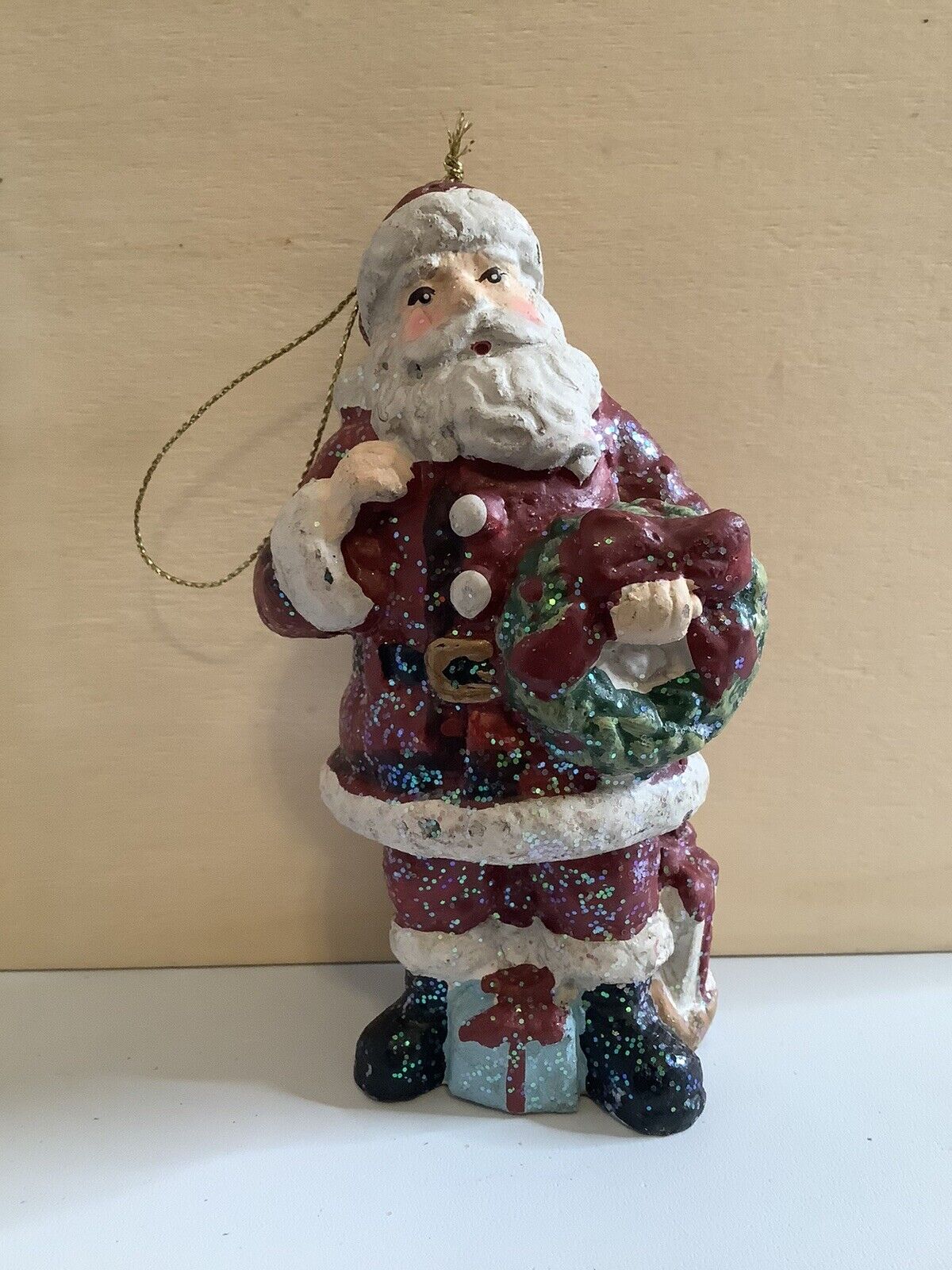 Vintage Christmas Glittering Santa Claus Holding Holiday Wreath Handmade