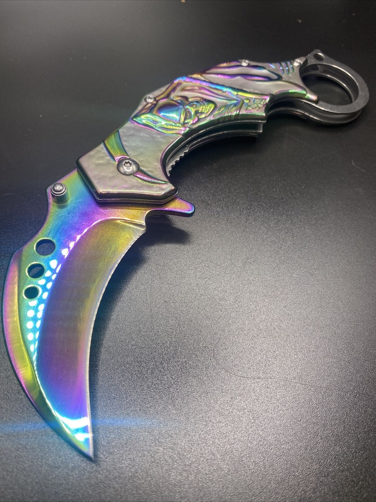 CS:GO Rainbow Skull Karambit Spring Assisted Open Blade Folding Knife Claw EDC
