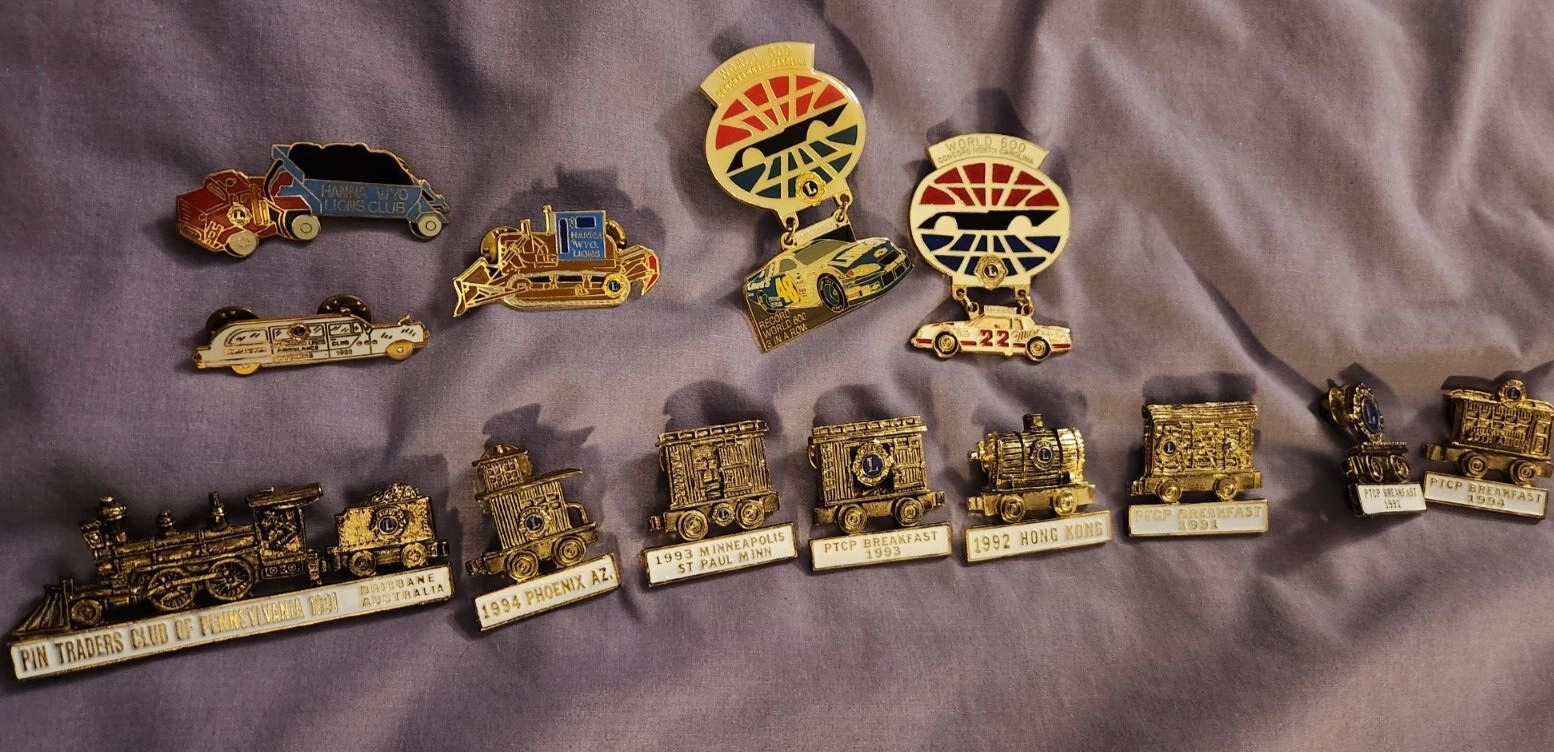 Lions Club Pins 1 Train , Vegas Items (Bordello), Tow Trucks , 1 Green Giant No