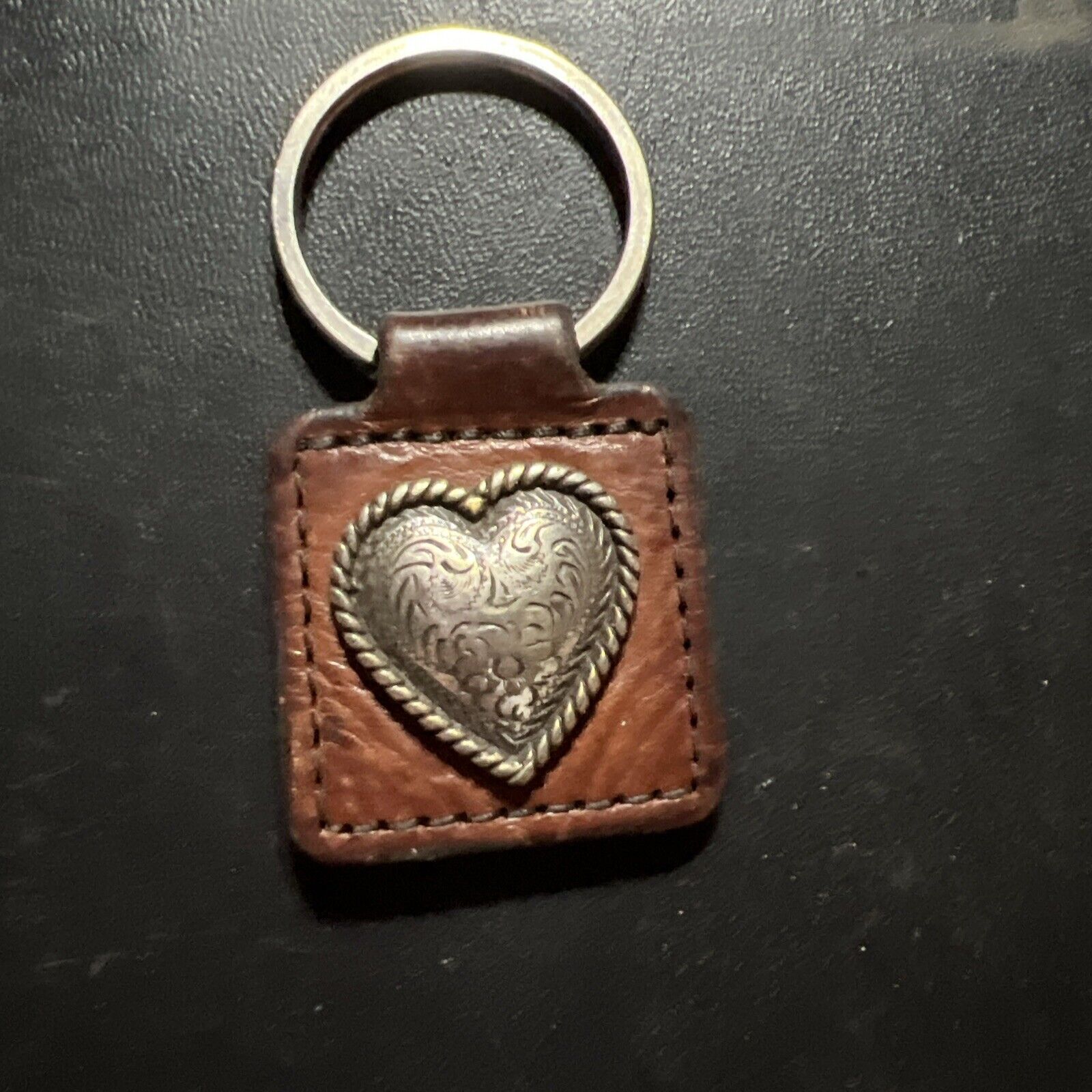 Vintage Leather Metal Heart Love Romance Keyring Keychain