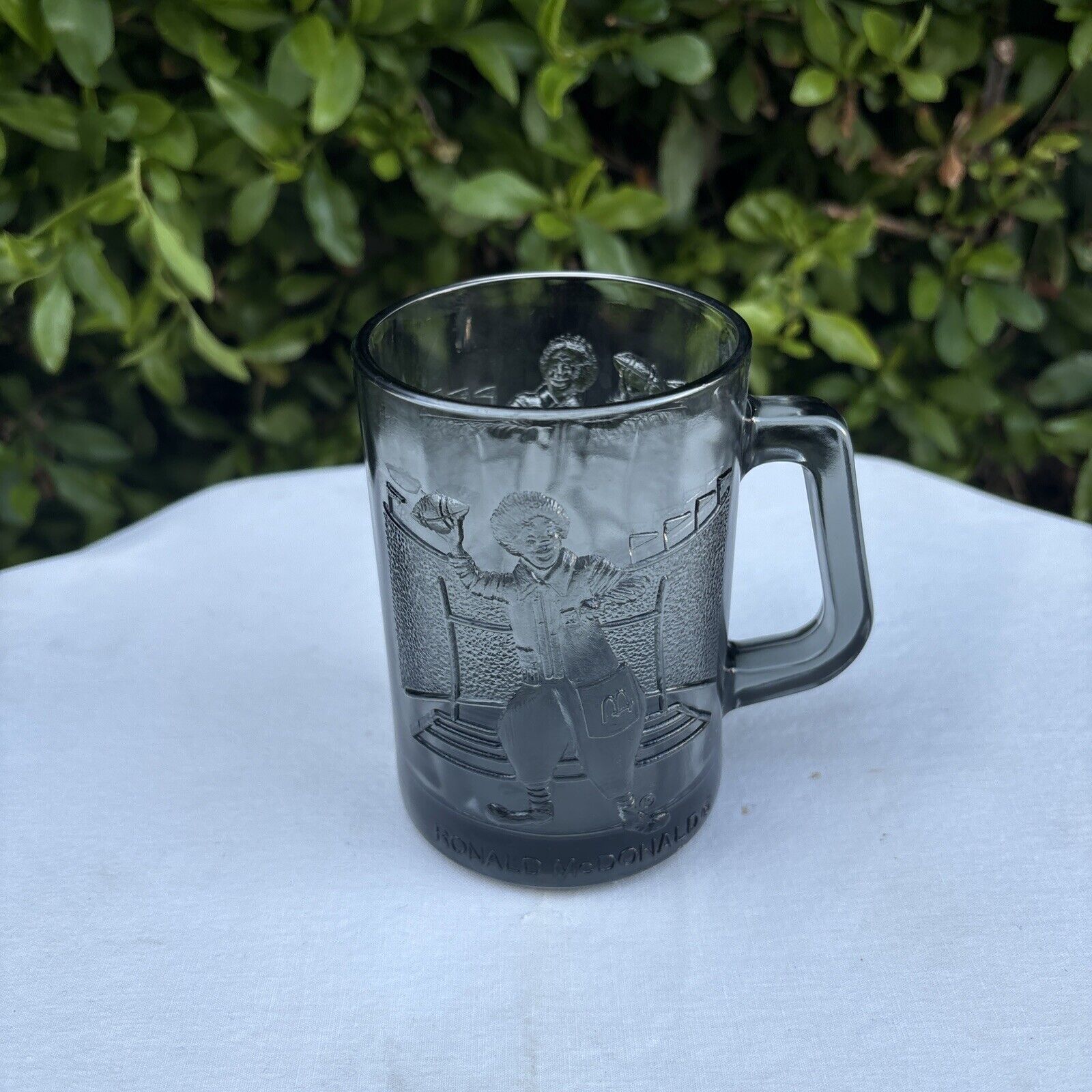 Vintage McDonalds Ronald Throwing a Football Cup/Mug Smoked Gray Glass Rare