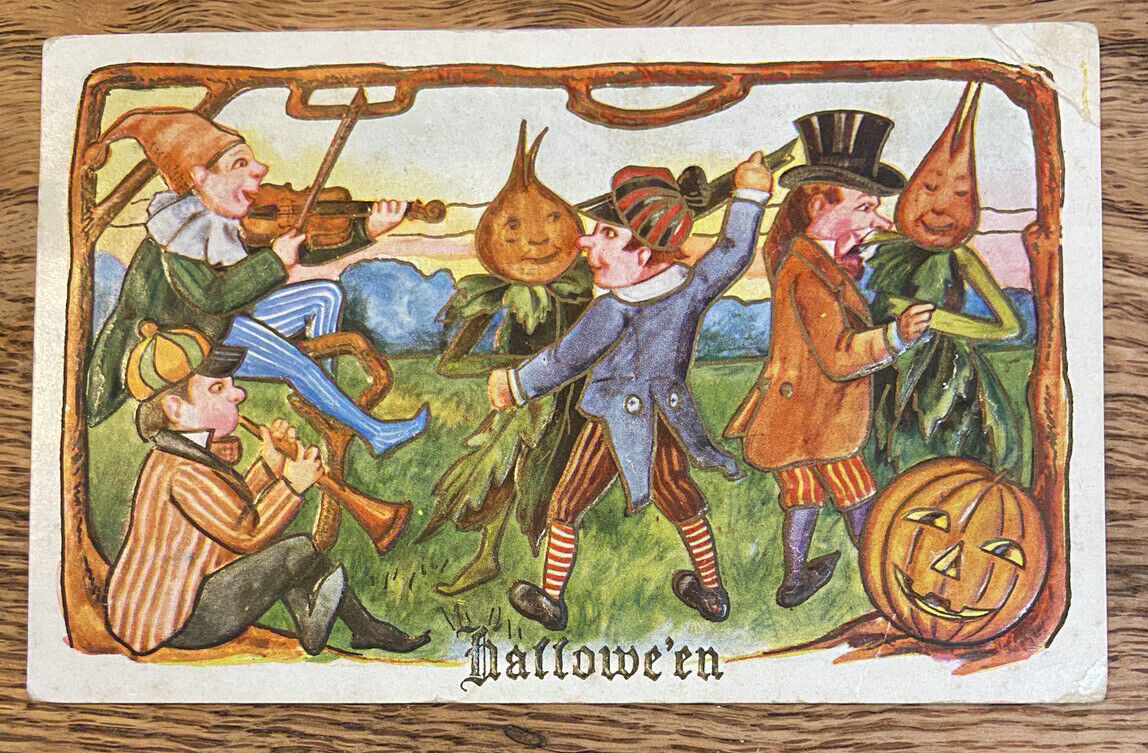 Vintage Whitney Halloween Postcard Vegetable Pumpkin Fiddler Horns Hats 1909