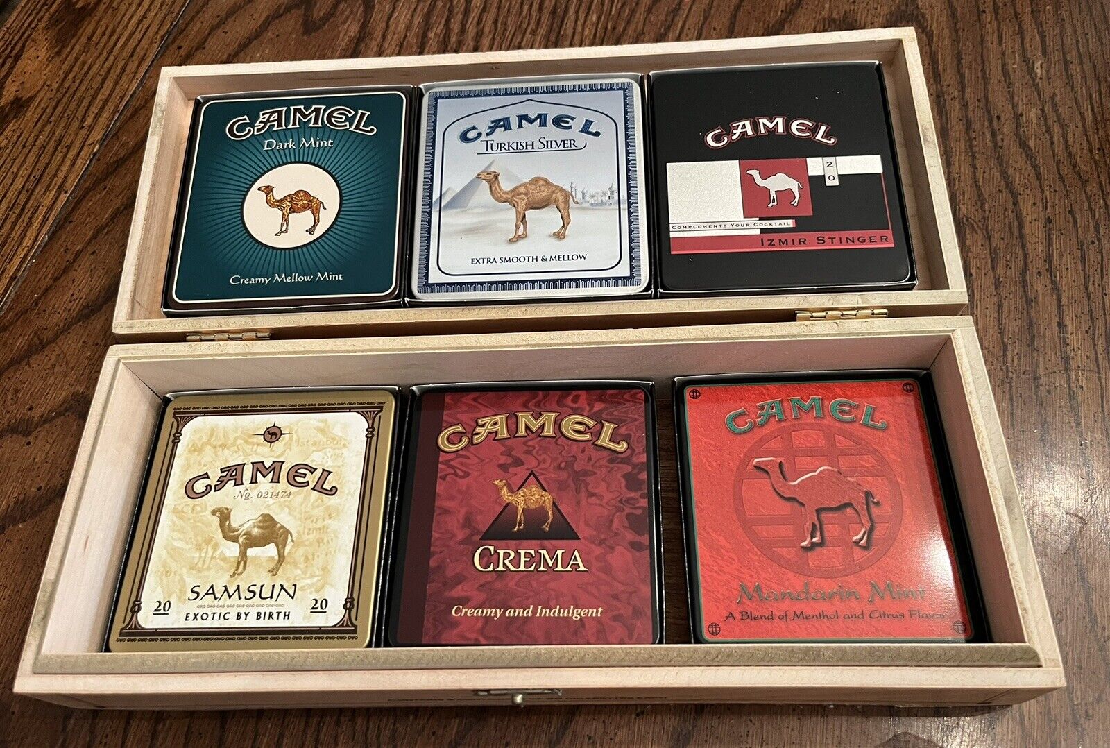 Vintage CAMEL Exotic Blends Cigarette Tin Set ALL EMPTY Wood Display Box +