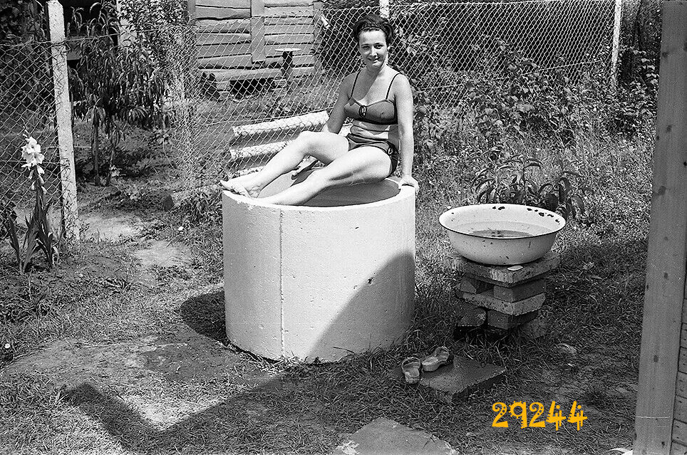 funny summer, woman in swimsuit, basin,  vintage negative 1960\'s  