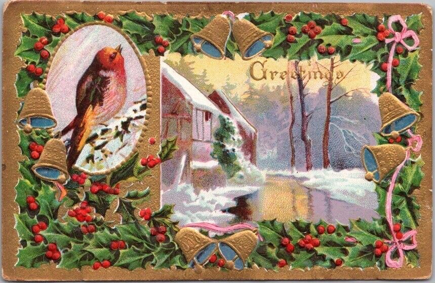 Vintage 1911 CHRISTMAS Embossed Postcard Winter House / River Scene / Holly