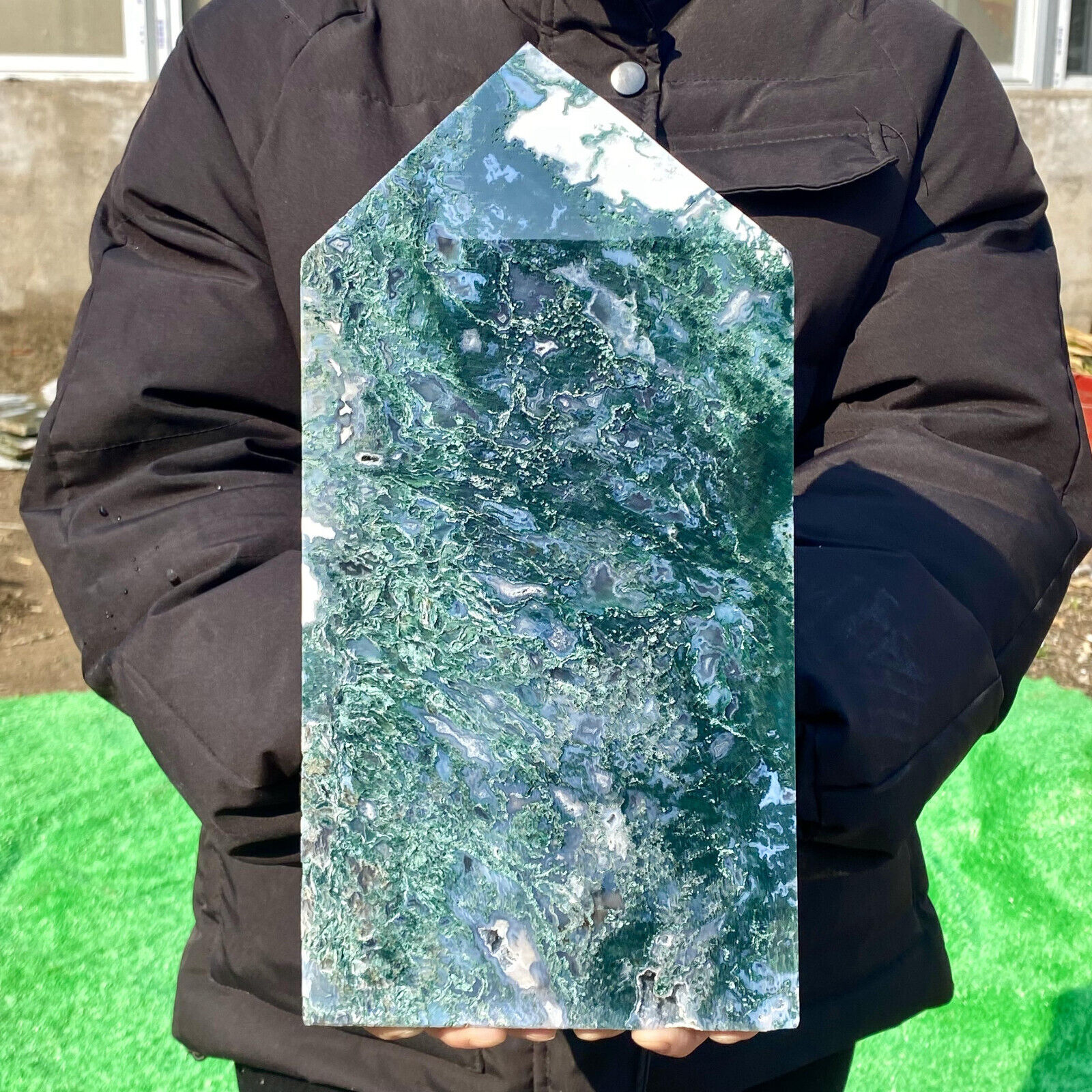 7.16LB Large Natural green druzy moss agate quartz obelisk crystal aura healing
