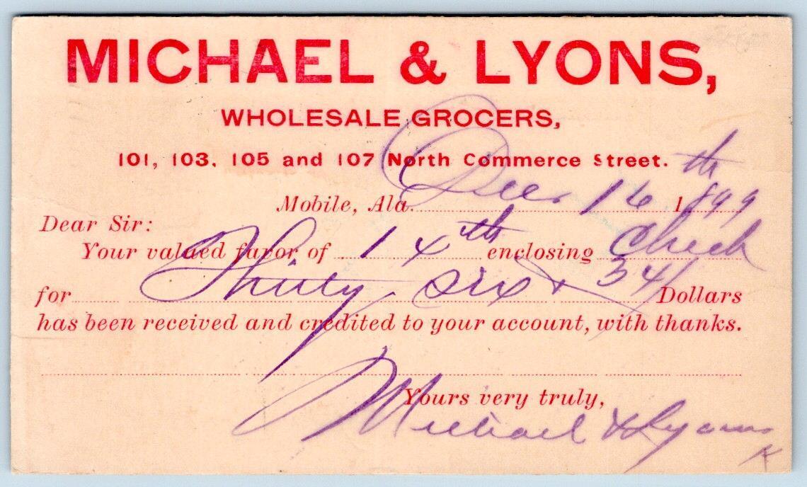 1899 MOBILE ALABAMA MICHAEL & LYONS WHOLESALE GROCERS COMMERCE STREET POSTCARD