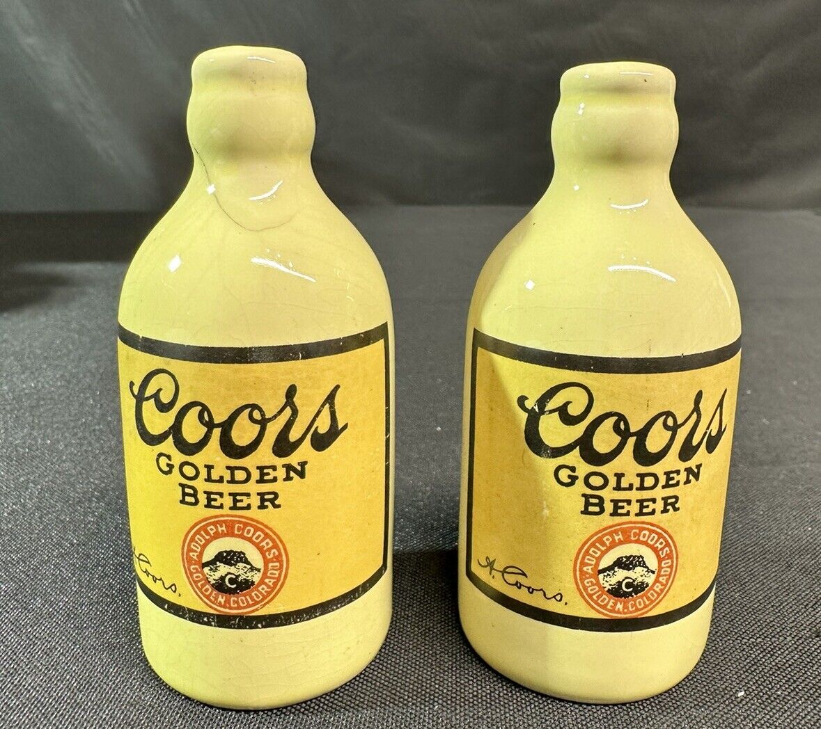 RARE Vintage Coors Golden Beer Stubby Bottle Salt & Pepper Shaker 1930s HTF