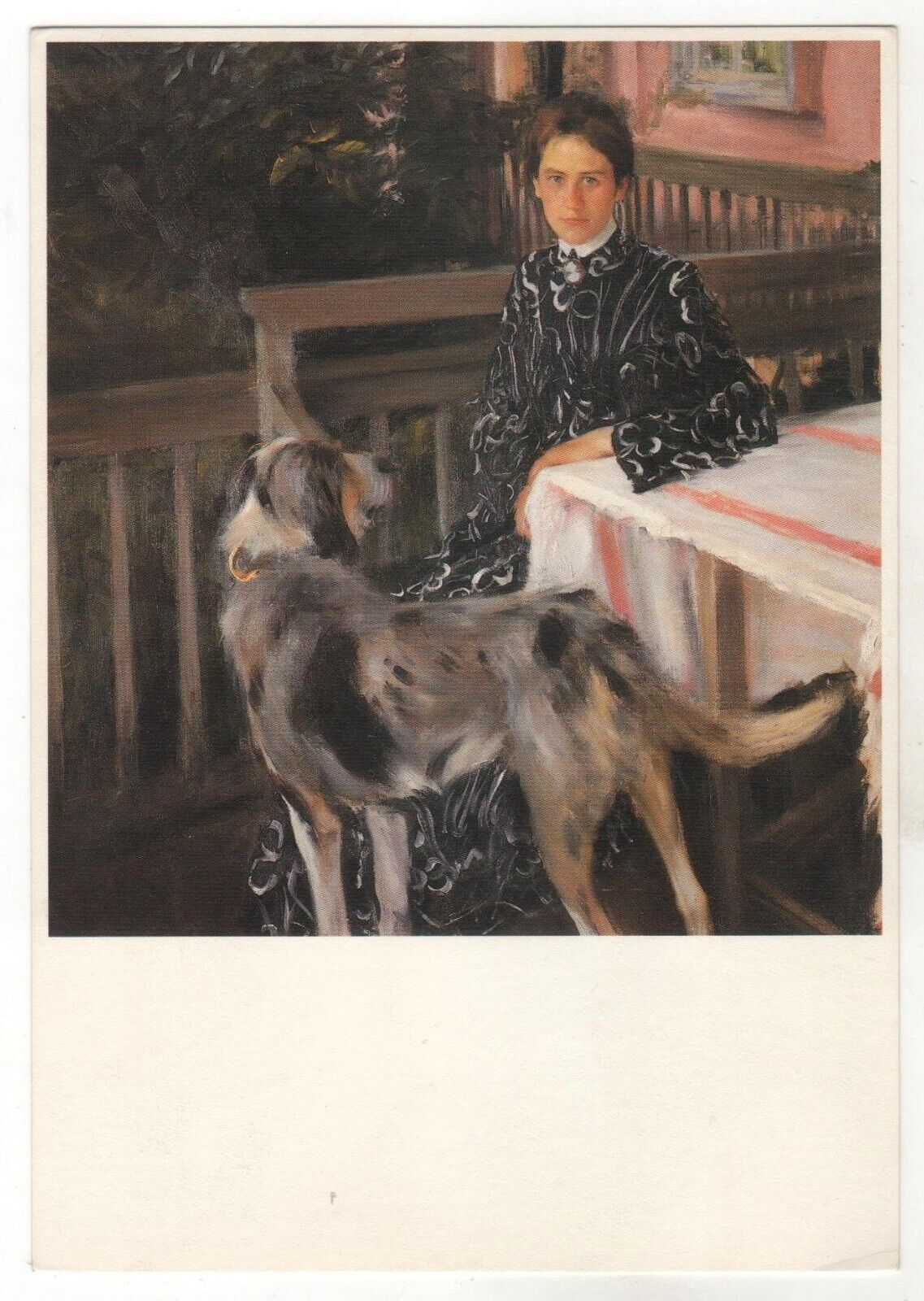 1960s Portrait of the artist Kustodiev's wife Dog Woman ART Old Holland postcard