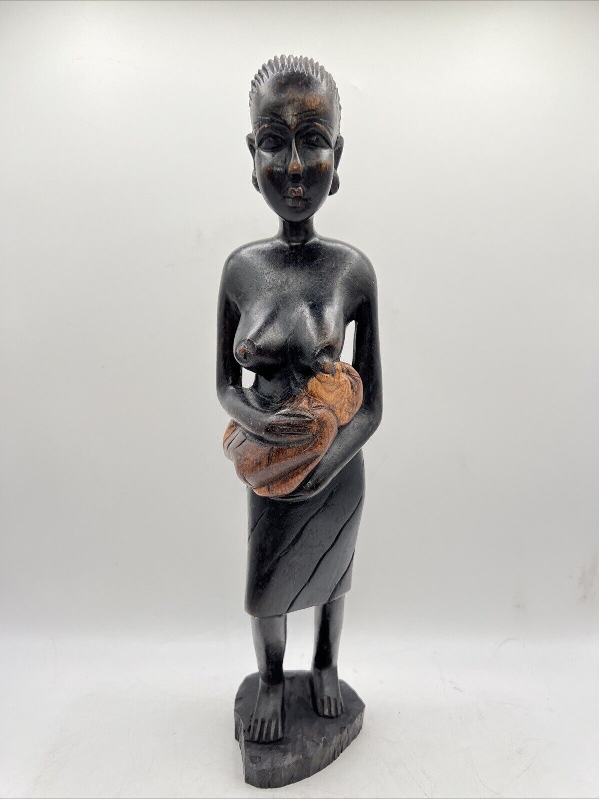Vintage African Ebony Wooden Carved Sculpture Woman Feeding Baby Statue 17” H