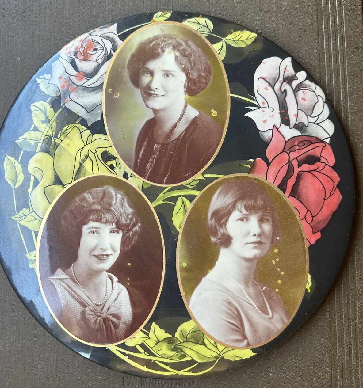 Antique 1920s women family photo floral roses celluloid tin plaque