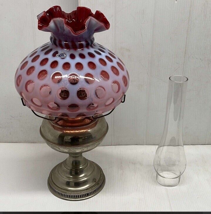 Fenton Cranberry Coin Dot Table Lamp Opalescent Glass Brass Base Vintage 1950’s
