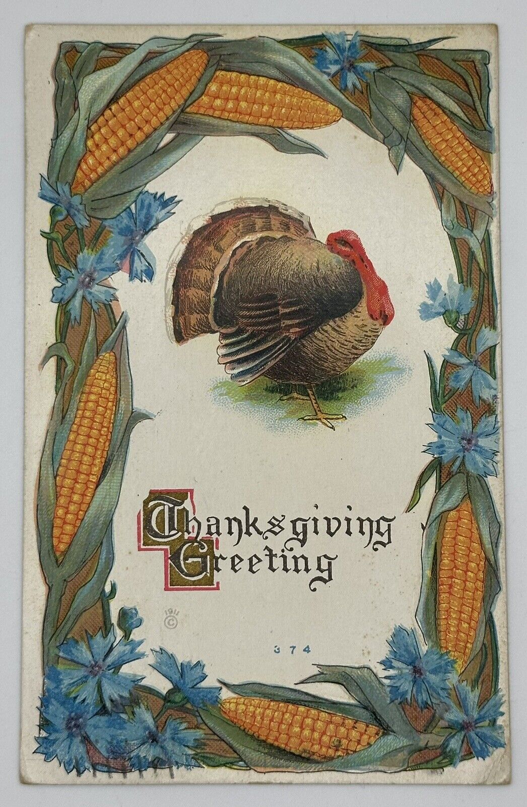 Antique 1911 Thanksgiving Greeting Postcard Turkey 🦃 Corn 🌽 Border