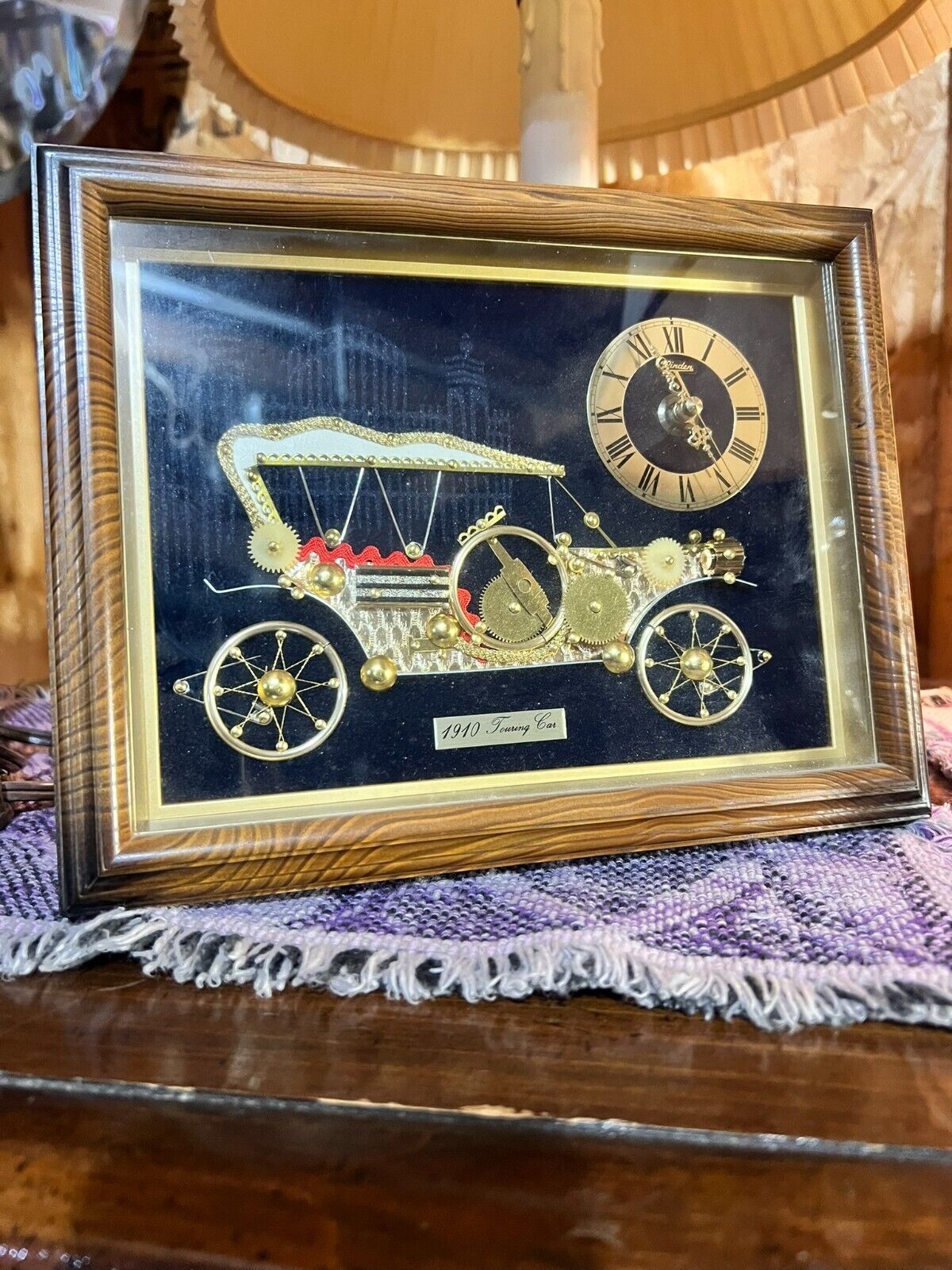 Vintage Linden Quartz Shelf Easel-Back Clock 1910 Touring Car 8 x 10in MCM
