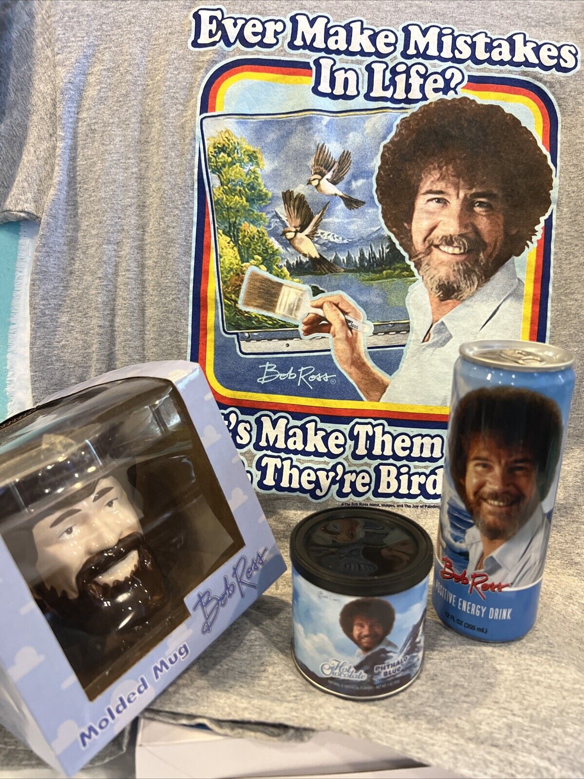 Bob Ross Head Coffee Mug, Energy Drink, T-Shirt and Can Of Cocoa(open) See Pic