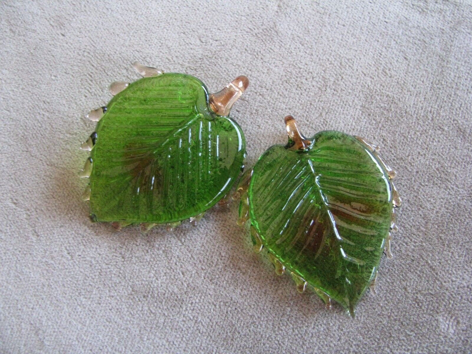 Pr Ethereal Vintage Art Glass Beads Pendants Green Topaz Leaves 40x32mm