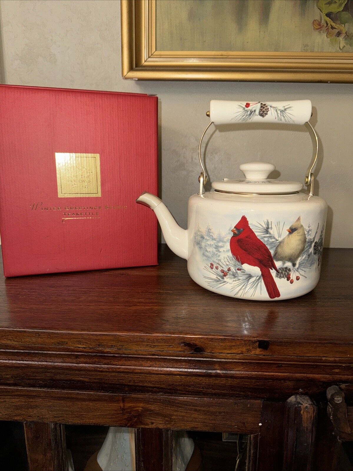 Lenox Winter Greetings Cardinal Bird Tea Kettle Pot Enamel Metal