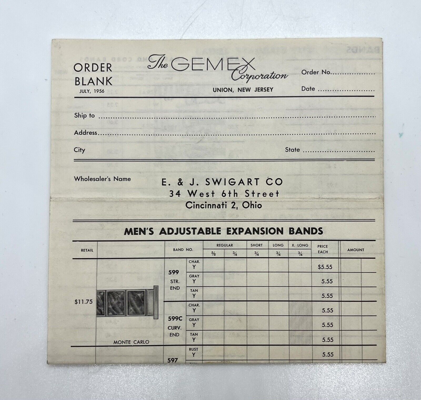 Vintage The Gemex Corporation Order Form E. & J. Swigart Company Cincinnati Ohio