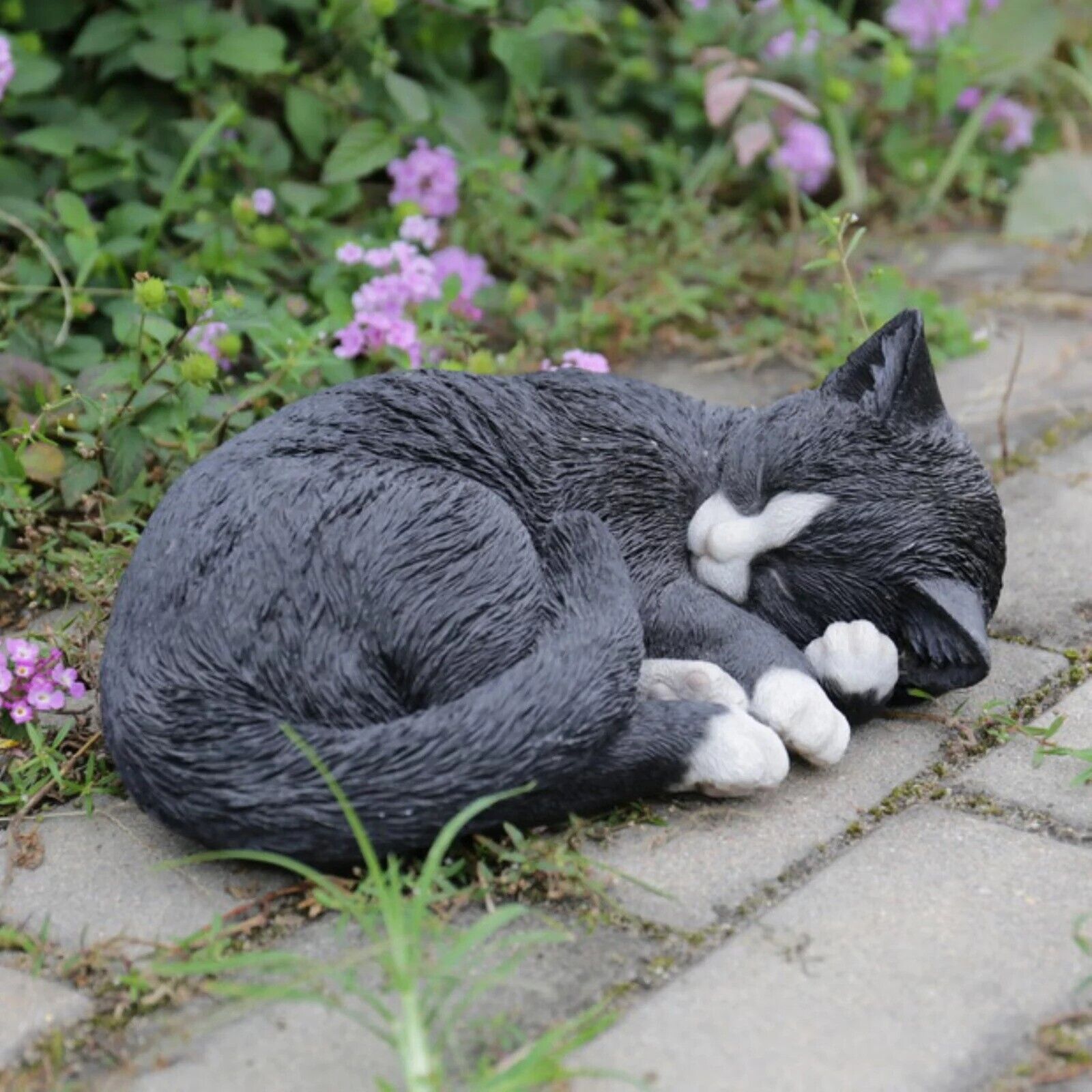 Lying Sleeping Cat Statue, Black/White - Great for Home and Garden Decor