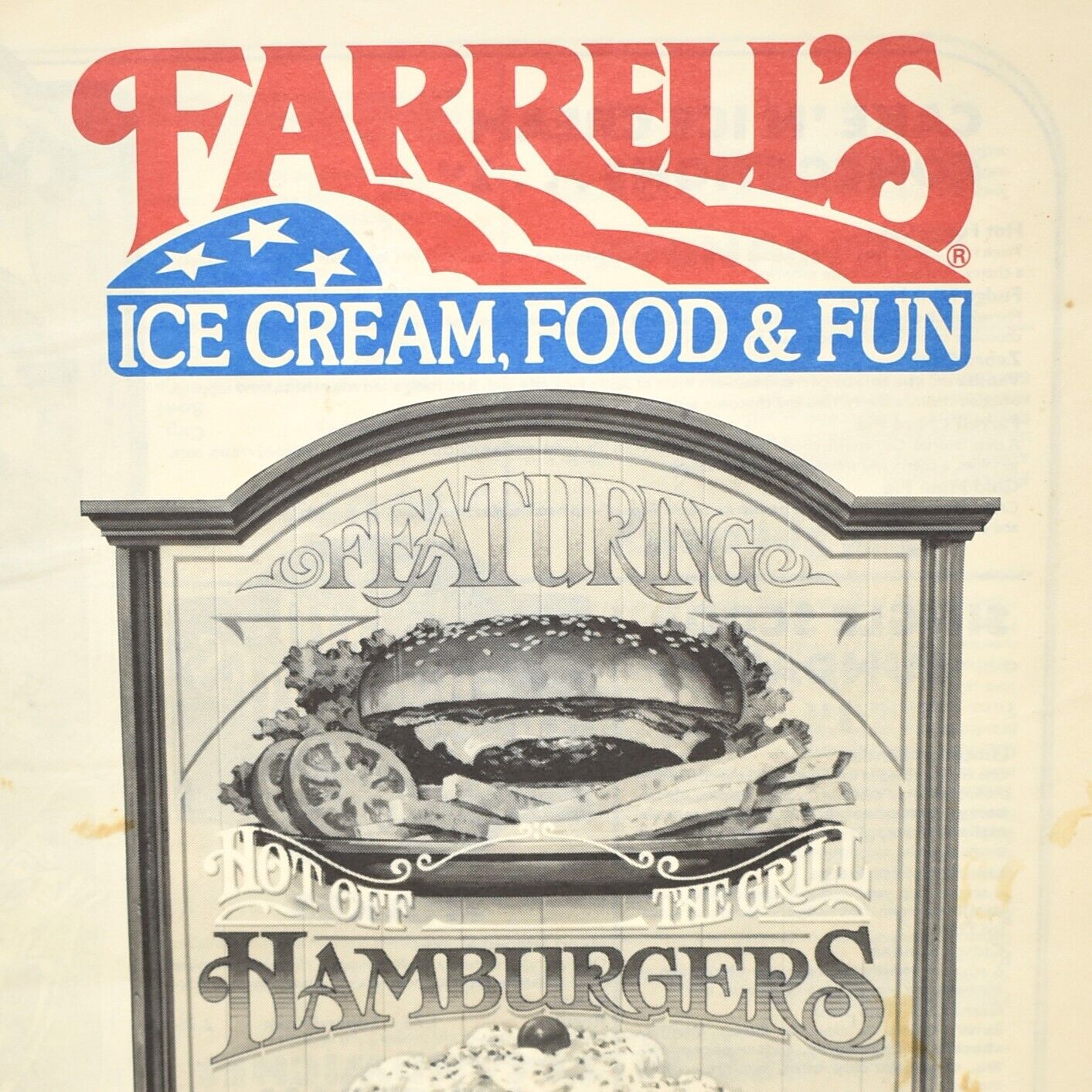 1985 Farrell's Ice Cream Food Fun Parlour Parlor Restaurant Menu Hamburger Chain