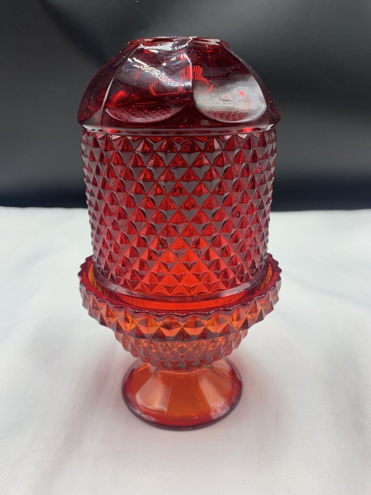 VIKING  GLASS AMBERINA  RED FAIRY LAMP-  DIAMOND HOBNAIL PATTERN