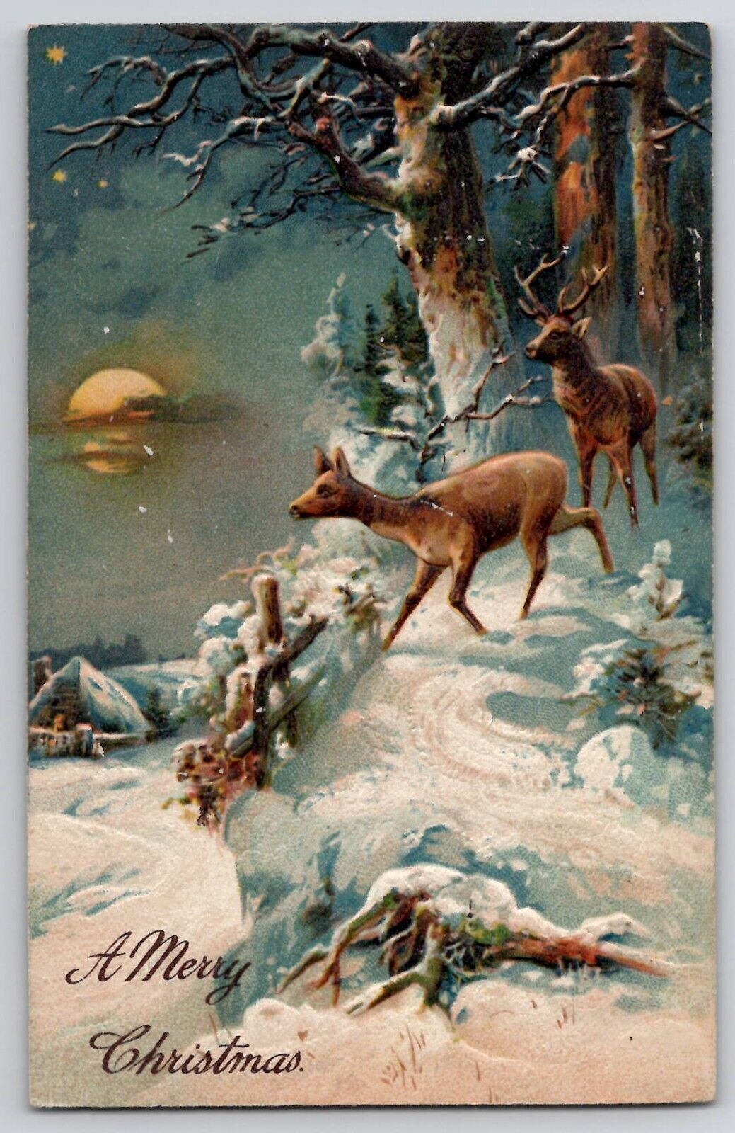 Christmas Postcard Deer Moon Winter Scene Stars 1915 Embossed PFB 7846