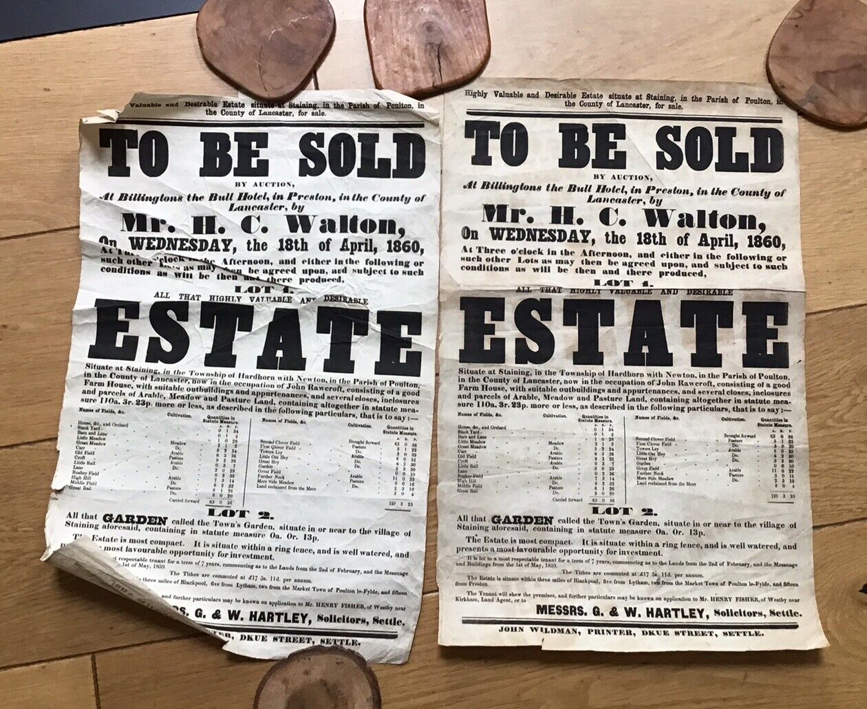 Original 1860 PAIR Antique Auction Poster for STAINING Poulton LANCASHIRE 50x32