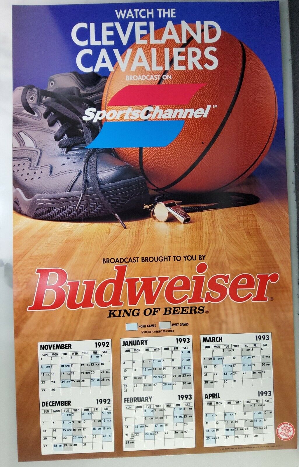 Vintage 1992/93 Budweiser Beer Poster Promo Store Calendar 18x30 cleveland cavs