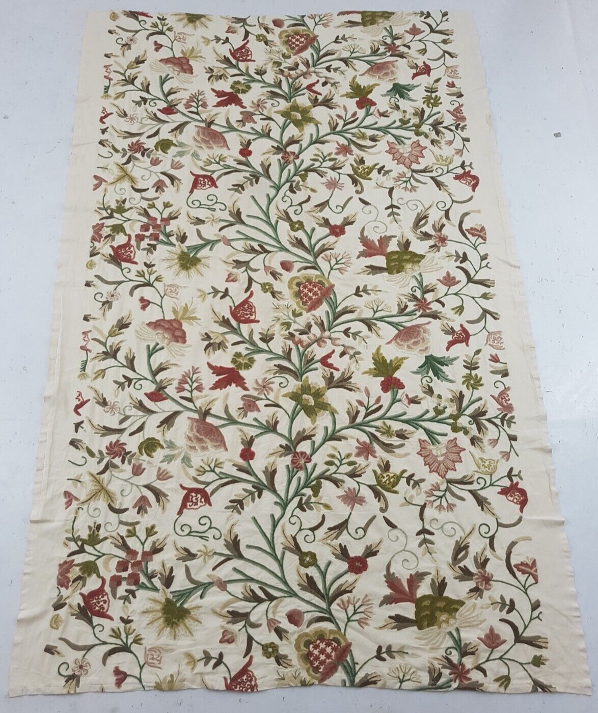 Antique Crewel Work Hand Embroidered Floral Wall Hanging Curtain Panel 228x149cm