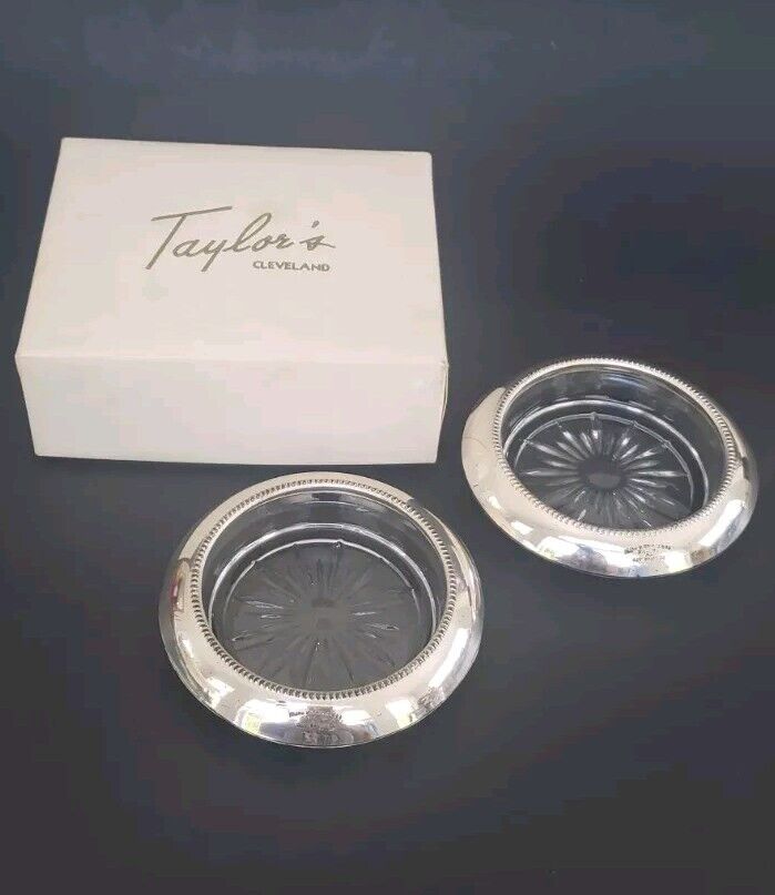 Frank M Whiting & Co Sterling Silver Crystal Coasters Pair Starburst Orig Box