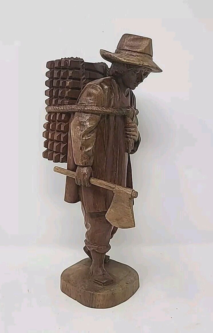 VINTAGE HAND CARVED Wood TRAVELING MAN W/ Axe FIGURINE Collectible Very Rare