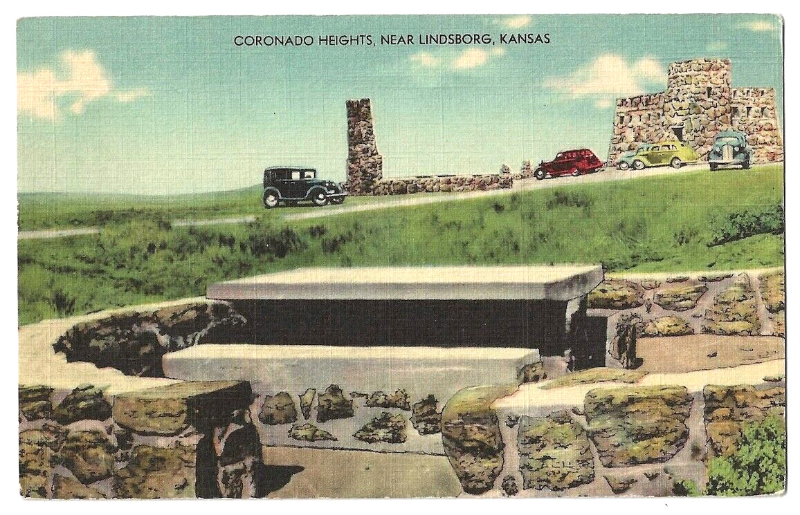 Lindsborg Kansas c1940's Coronado Heights, vintage car, roadside America