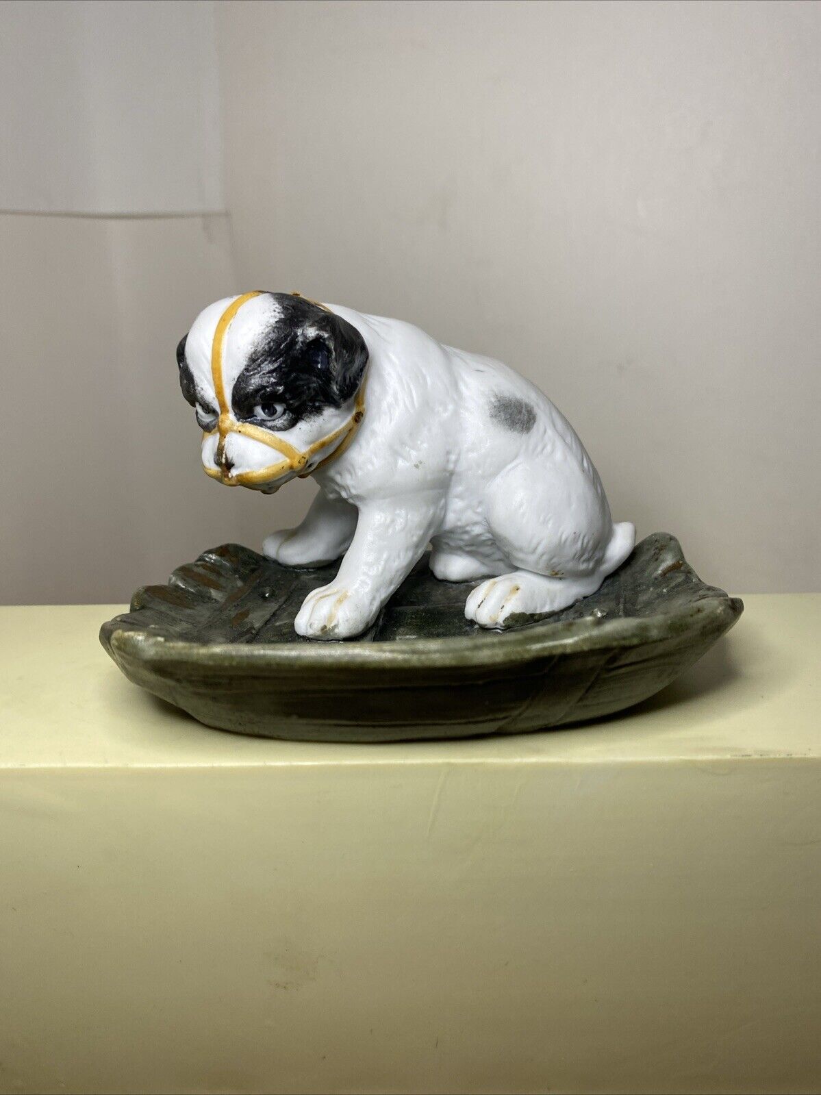 Antique Gebruder Heubach Dog Muzzled Trinket Dish Bisque Porcelain German