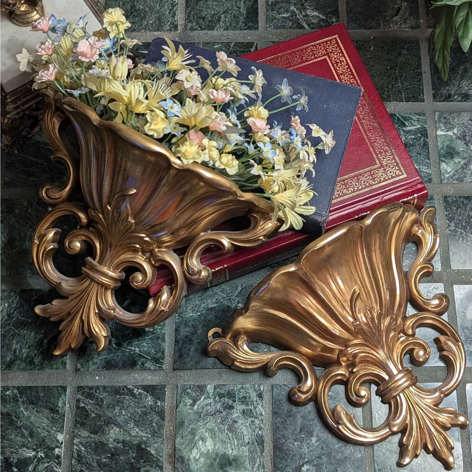 Pair of Vintage Gold Syroco Floral Wall Sconce Planters