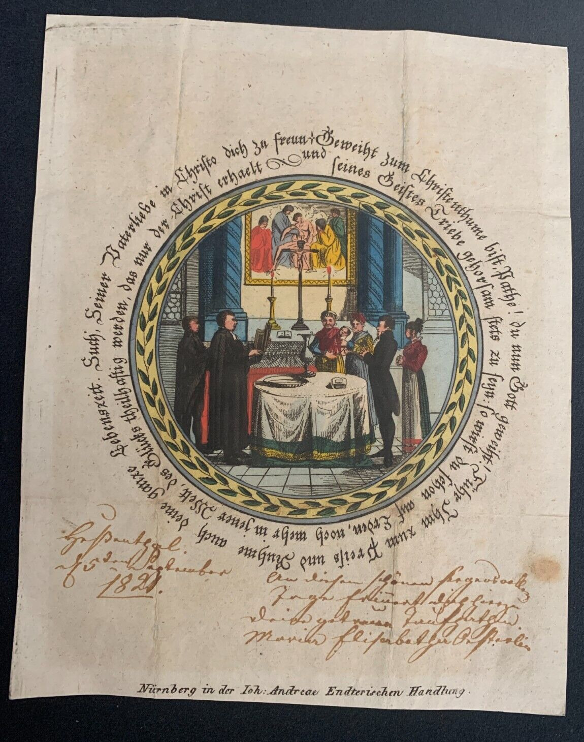 Antique German Hand Colored and Signed Memory of Baptism 1821
