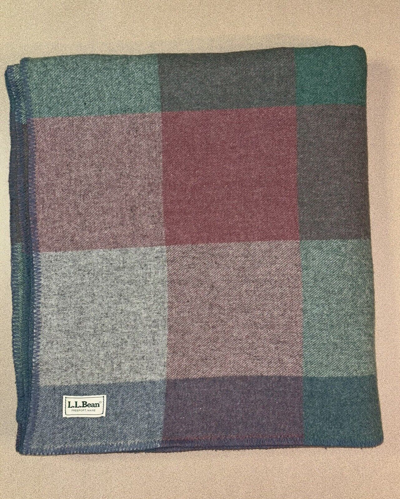 Vtg LL Bean Freeport USA Wool Blanket Plaid Red Blue Green Gray Camp 98x88
