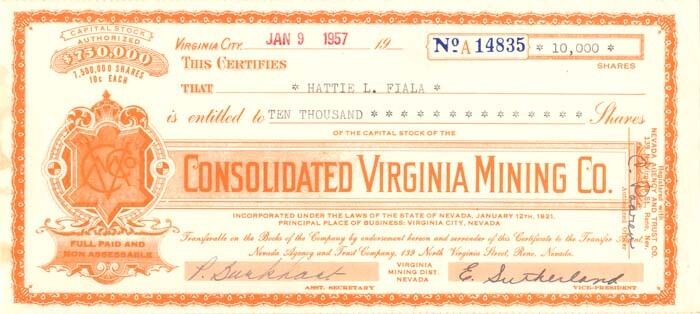 Consolidated Virginia Mining Co. - 1920's-1950's dated Nevada Mining Stock Certi